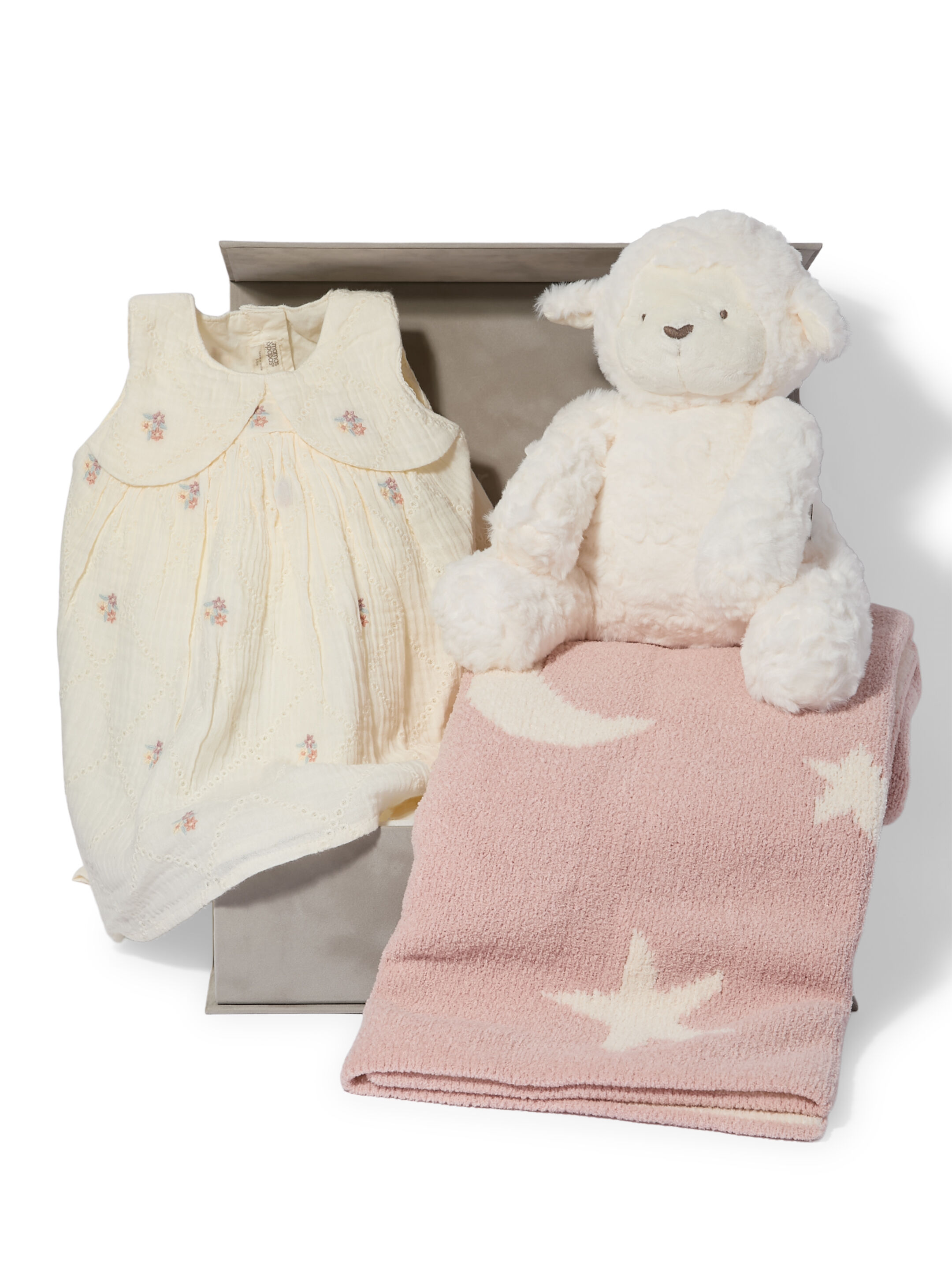 Bow Embroidered Dress - 4 Piece Gift Set with Soft Toy Lamb and Chenille Blanket image number 1